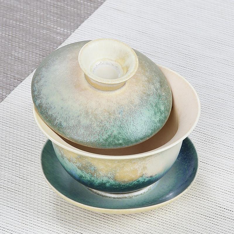 150ml Kiln Change Ceramic Gaiwan Vintage Tea Bowl Japanese Sancai Bowl Creative Tea Offering Bowl