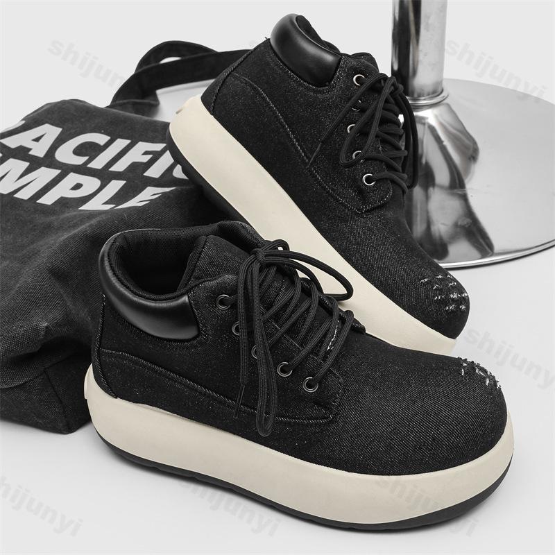 Fashion 2025 Men Niche Design Casual Boots Denim High Top Board Shoes Retro Thick Soled Height Increasing Comfortable Non slip Sneakers