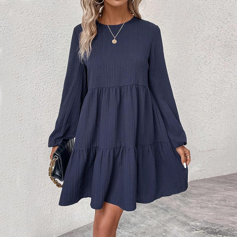 Autumn Simple and Fashionable New Long-sleeved Pure Round Neck Flowing Loose Dress