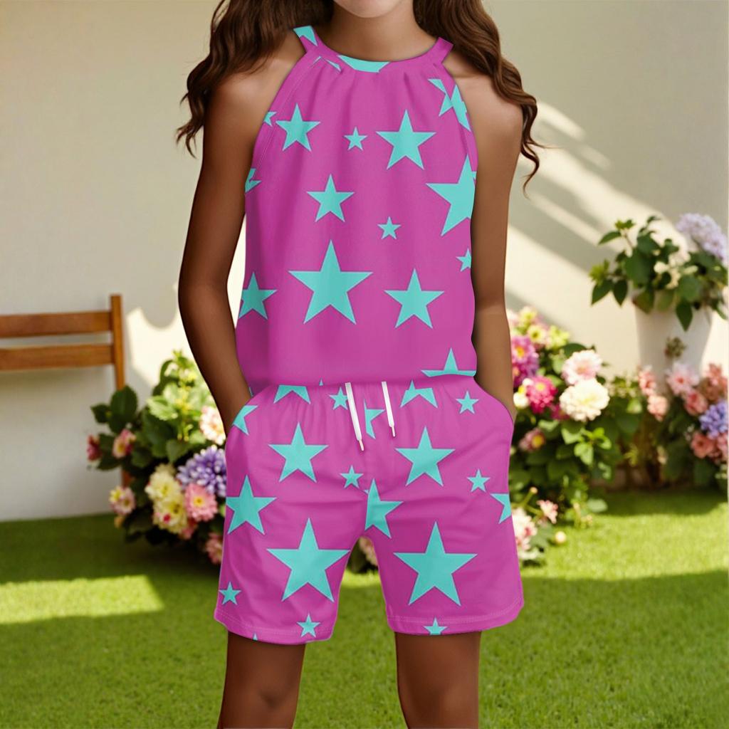 Children's Casual Fashion Round Neck Sleeveless  Top Shorts Set