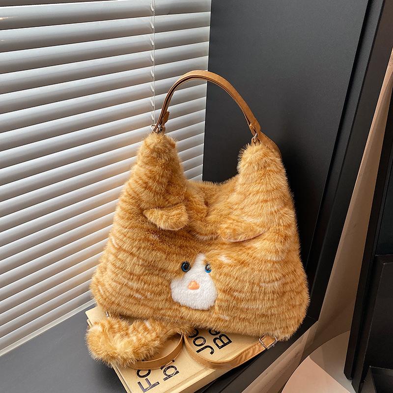 

Korean Style Plush Cute Cat Underarm Bag for Women New Winter Handbag Shoulder Bag, Large Capacity Backpack Commuting Totes Bags оранжевый