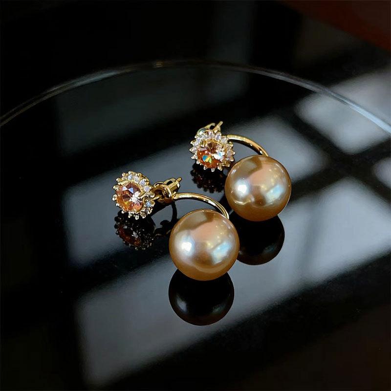 

French Style Two-Wearing Sunflower Champagne Pearl Earrings Women S Light Luxury High-End Rear-Hanging Stud Earrings Elegant Earrings