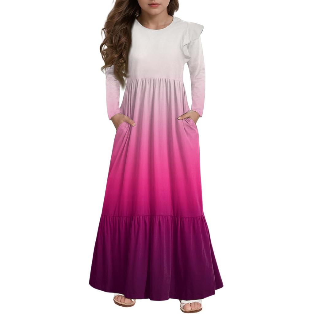 Mädchen Stufenkleid mit Rüschen - Langärmeliges bedrucktes Maxi mit Taschen
