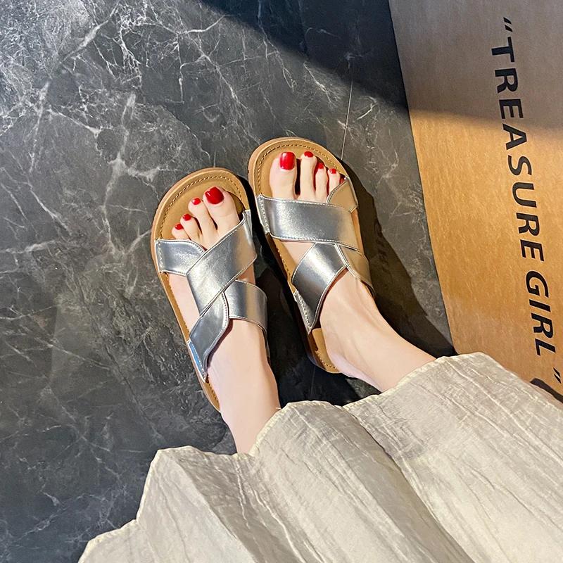 мода Женские тапочки Лето Уличные Перекрестные ремешки Пляжная обувь для женщин Сандалии — фото 5