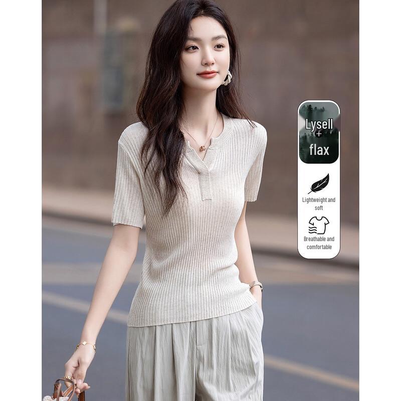Demana Women's Summer Breathable Linen-Lyocell Blend V-Neck Knit Top