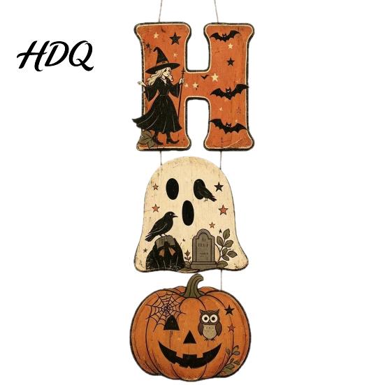 Layered Hanging Seasonal Ornament Halloween Wooden BOO Sign Creative Letter Pendants Vintage Ghost Pumpkin Black Cat