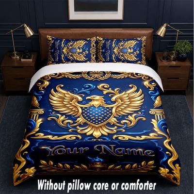 Conjunto de Roupa de Cama Patriótico Americano com Texto ou Nome Personalizado, 3 Peças, 1 Lençol de Cima e 2 Fronhas, Roupa de Cama Personalizada para Casa