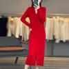 Women's V-Neck Cable Knit Wool Dress - Slimming Over-the-Knee Style with Long Sleeves and Slit for Autumn/Winter