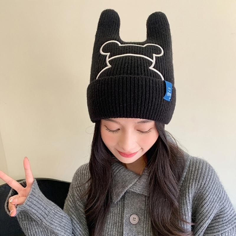 Rabbit Ear Hat for Women InsStyle Knitting Hat Anime Cosplay Costume Hat Outdoor Skiing Hiking Hat Windproof Warm Cap