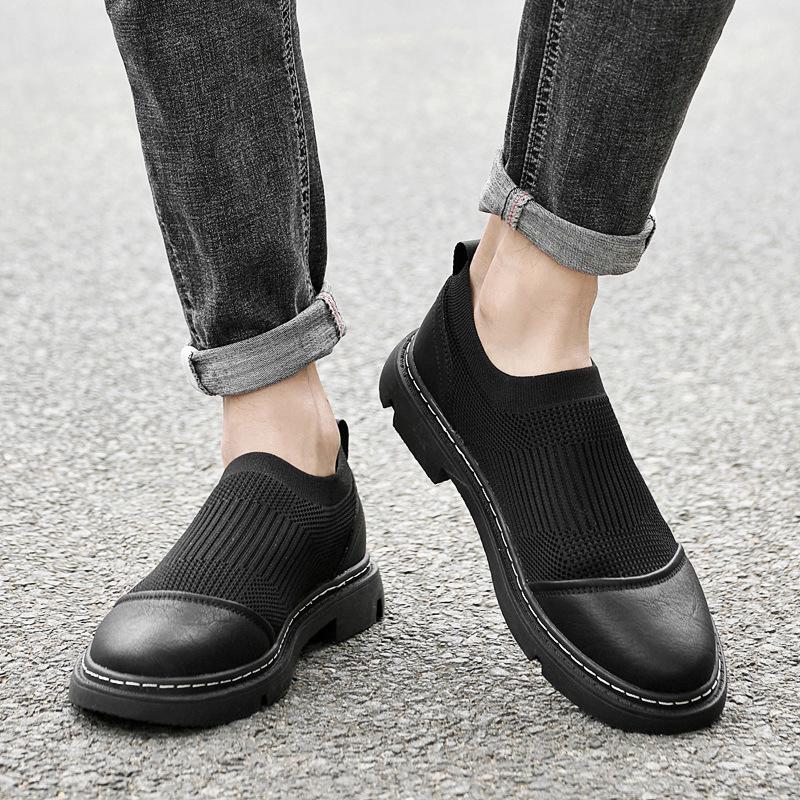 Men's Breathable Knit Mesh Slip-on Loafers - Spring/Summer Casual Low-top, Patchwork Design, Hidden Height Boost, Leather Details