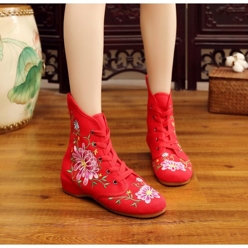 

Mid-autumn and winter new slope heel embroidered short boots, Oxford bottom, women s boots 34 красный