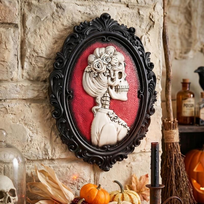 Skeleton Wall Art Decors Gallery Wall Plaque with Skull Portrait, Black Frame and Raised Relief Form for Entryway Accent or Bedroom Hanging Display
