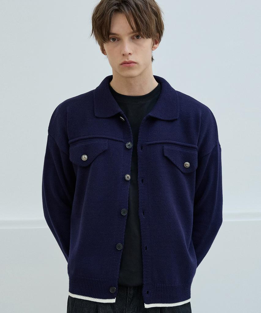 Nodu Collar Pocket Knit Jacket Cardigan [Navy]