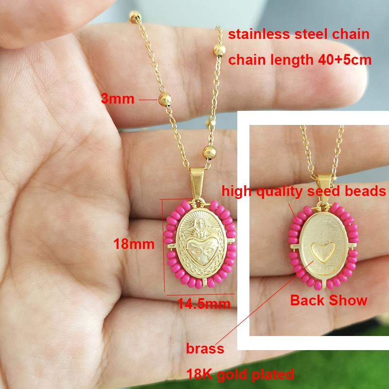 QMHJE Virgin Mary Pendant Charm Necklace Women Cross Scared Heart Jesus Choker Seed Beads Stainless Steel Chain Gold Color Mom
