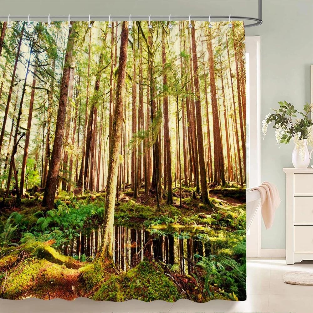 Forest Scenery Printed Fabric Shower Curtains Autumn leaves Tree leaf Bath Screen Waterproof Products Bathroom Decor with Hooks