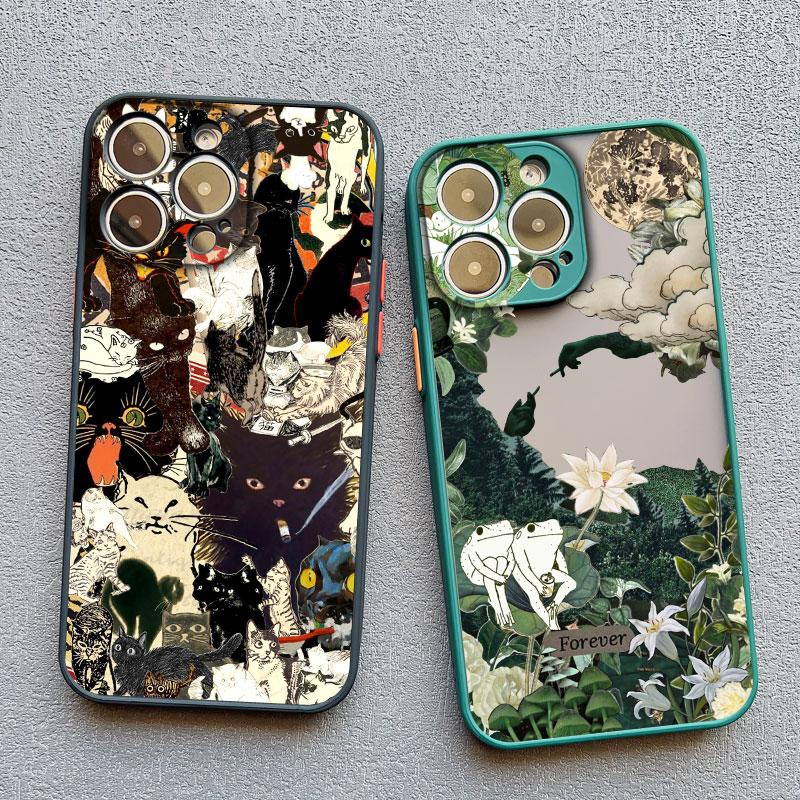 Retro Black Cat White Kitten Illustration Phone Case For iPhone 17 16 15 14 13 11 12 Pro Max Mini 15 16 Plus Case Cute Cartoon