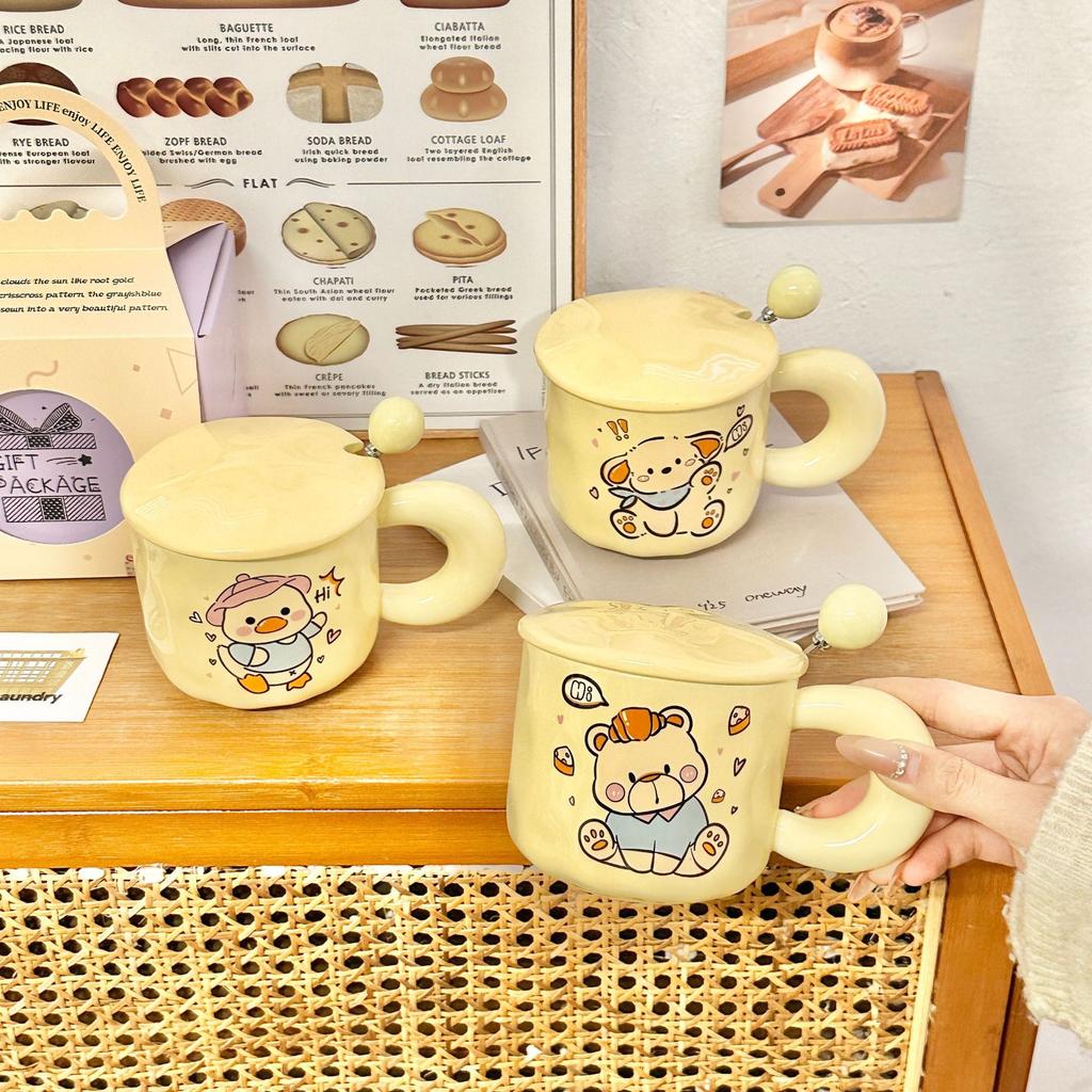 Cartoon Bear Birthday Gift Ceramic Mug with Lid Spoon Cup for Girls with High Appearance Household Water Cup Coffee Cup