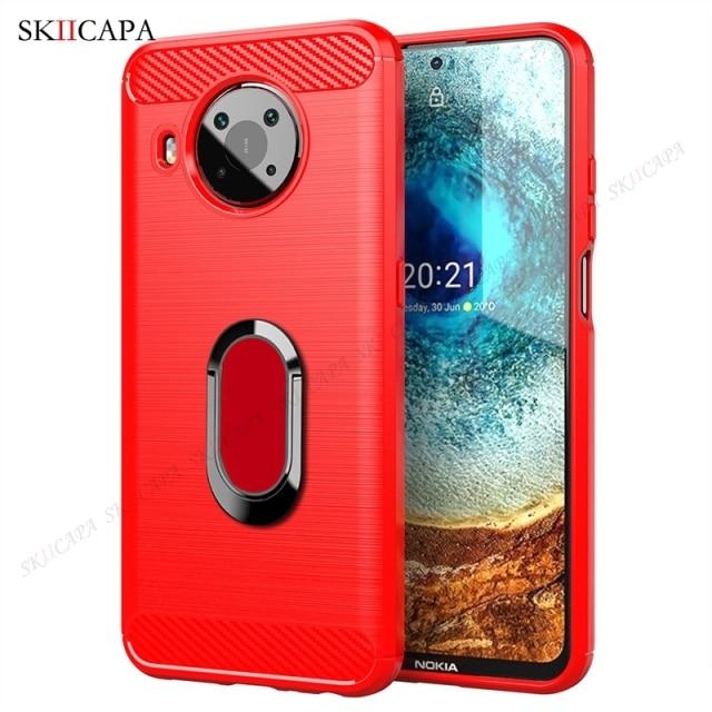 Brushed Carbon Fiber Shockproof Phone Case for Nokia X10 X20 G10 G20 5.4 3.4 2.4 1.3 8.3 5G Magnetic Ring Stand Soft Silicone Phone Protective Cover