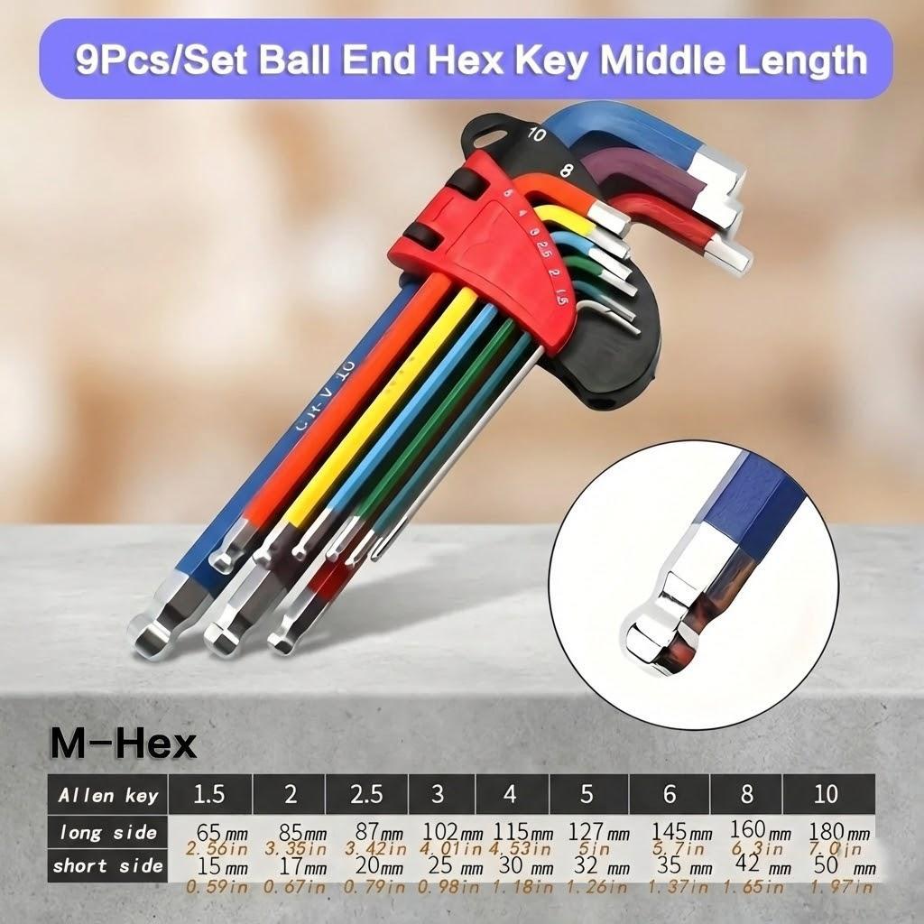 9PCS Hexagonal Wrench Set Colorful Hex Key Tool Kit for DIY Home Repair Assembly Mechanic Hardware Hand Tools