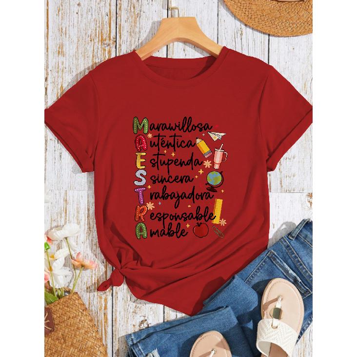Minimalist and Unique Summer Women's Fashion New Arrivals Maestra Teacher's fun word print top, round neck, everyday casual fashion, vintage