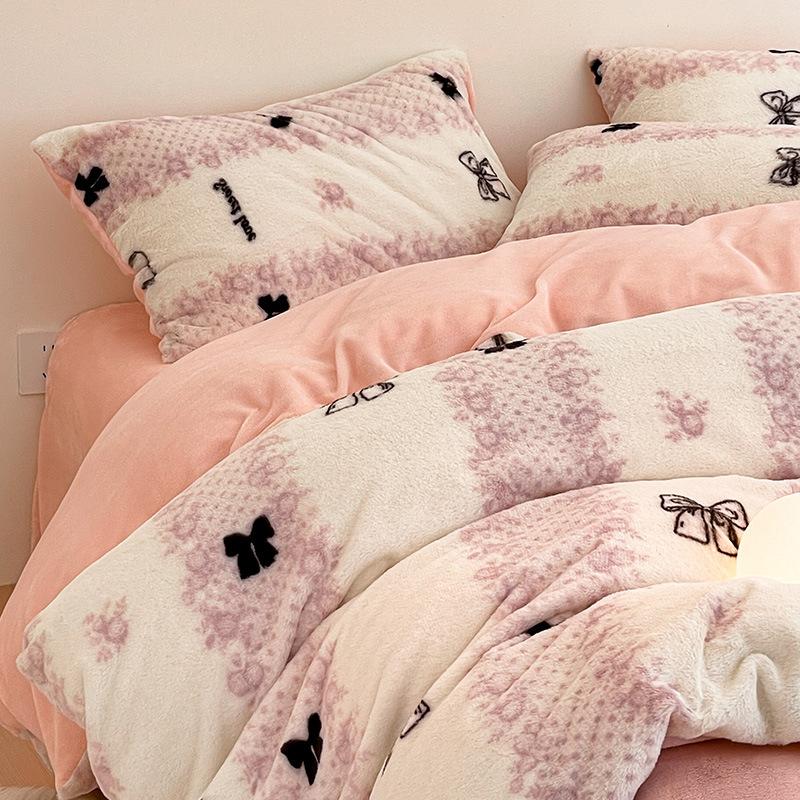 Rabbit Fleece Four-Piece Set, Thickened Milk Fleece Quilt Cover, Coral Fleece Bed Sheet Quilt Cover, Fleece Bedding