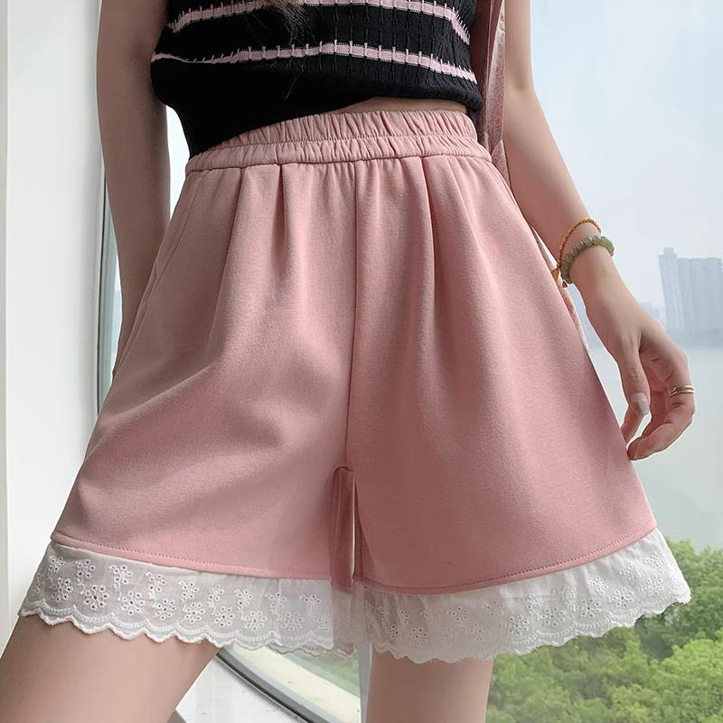 2025 Women's Gray Lace-Trim High Waist Wide-Leg Summer Shorts