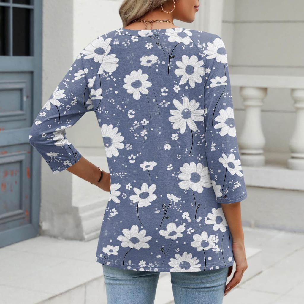 Women's Fashion Casual Three-quarter Sleeve Raglan Sleeve Vintage Floral Print V-Neck Top