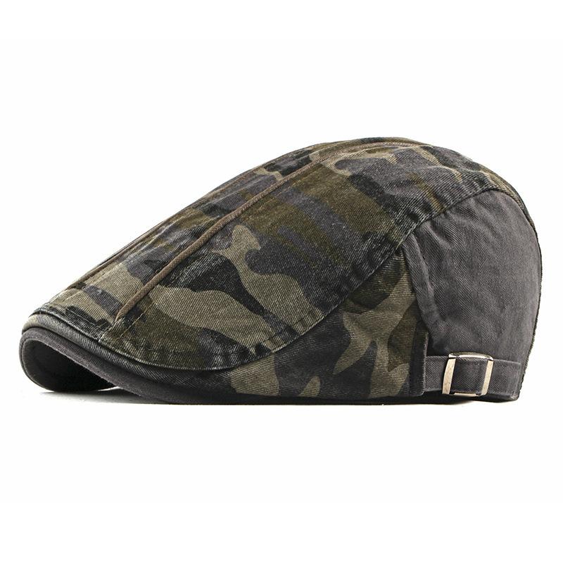 Unisex Camouflage Washed Cotton Flat Cap Retro Beret Newsboy Cap Outdoor Tactical Duckbill Hat Adjustable Military Style Forward Cap