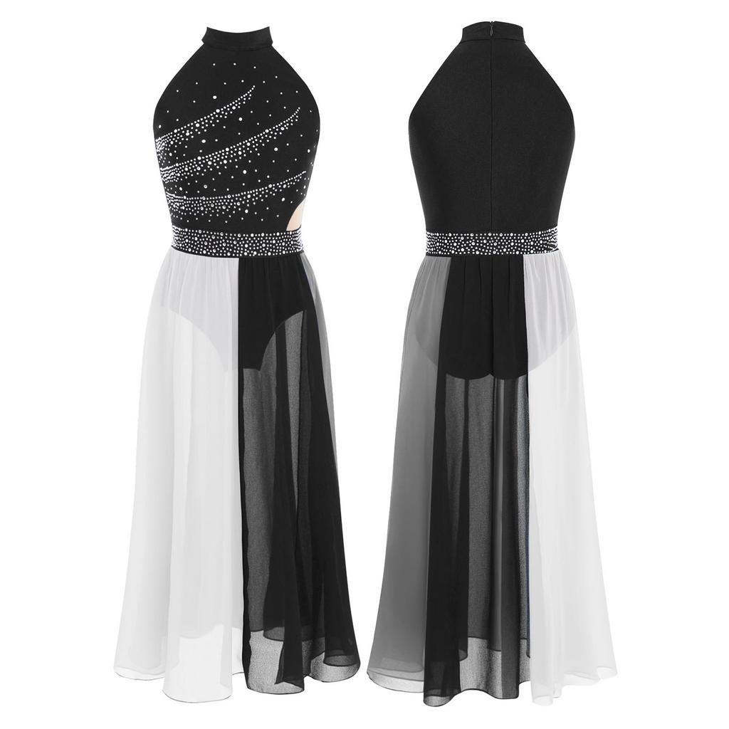 Dívčí moderní lyrické taneční šaty bez rukávů s falešným výstřihem, šifonový kostým s kamínky, barevný blok, boční rozparek a skrytý zip