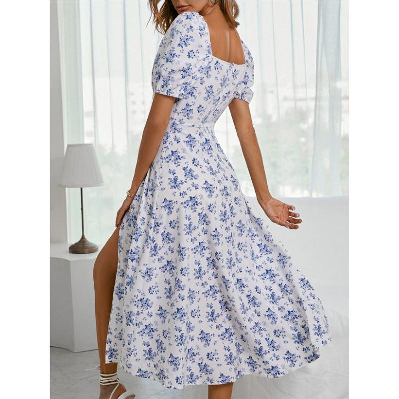 Florales, rückenfreies, schmal geschnittenes Kleid, trägerlos, Puffärmel, Hosenträgerkleid, geteilt, plissiert, Schnürung, Vintage-Sommer-Damenbekleidung