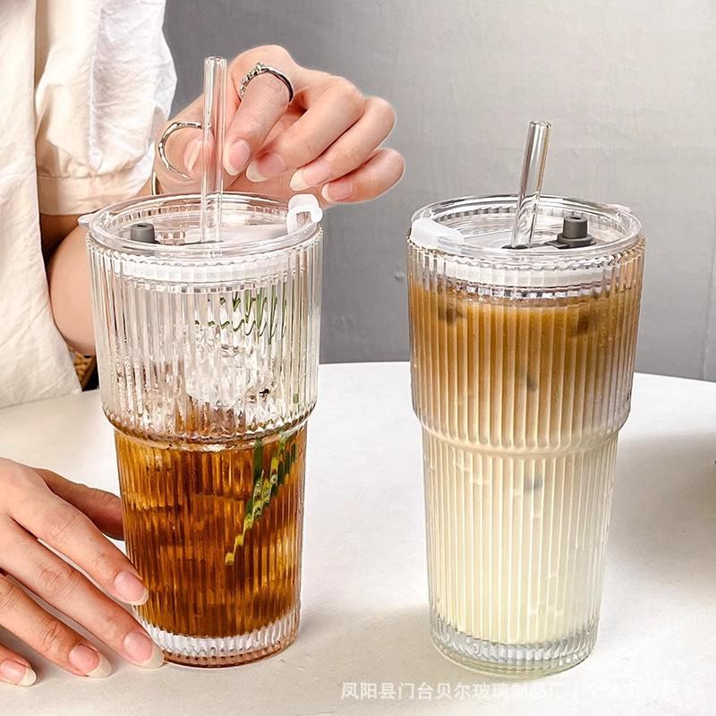 600ml Tall Striped Glass Tumbler With Lid Straw - Leakproof Premium Drinkware Cold Beverages Coffee Water
