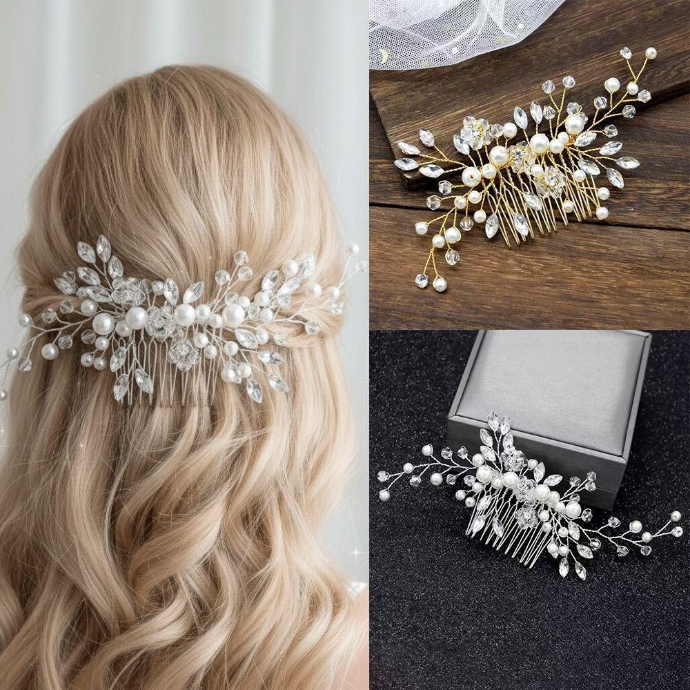 New Pearl Bridal Headdress Rhinestone Elegant Flower Insert Comb Head Jewelry Women
