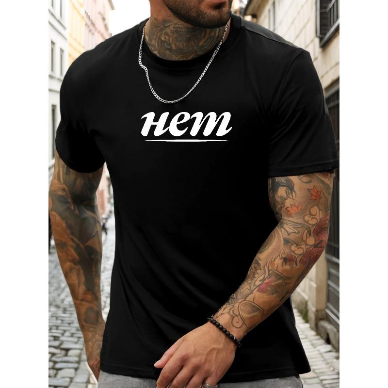European sizes Men'S Hem Graphic T-Shirt - Lettering, Regular Fit Short Sleeve Round Neck Summer Tee for Casual & Formal Outfits