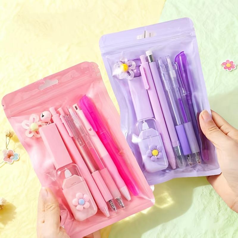 8Pcs Stationery Set with Pencils, Ballpoint Pens, Erasers and Pendants. 5 Styles Optional for Writing and Decorating.