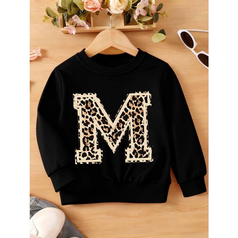 European sizes Kids  White Leopard Print  M  Letter Sweatshirt - Long Sleeve Round Neck Sweater with Black & Tan Animal Print 110