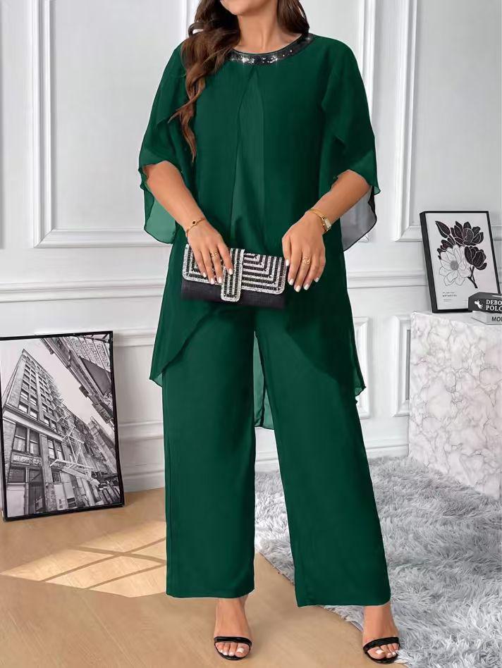 Completo da Donna Taglie Forti con Paillettes, Chiffon, Girocollo, Manica 3/4, Vita Elastica