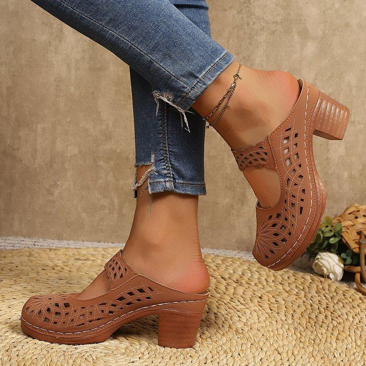 Summer Women's High-heeled Sandals,Elegant Retro Hollow Out Breathable, European and American Style Round Toe Thick Heel Sandals