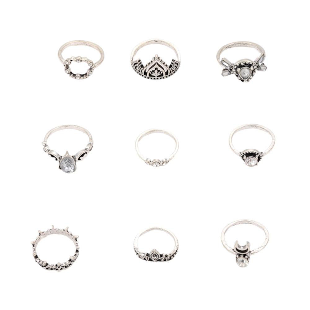 Bohemian 9-Piece Set With Diamond Crescent Crown Combination Ring