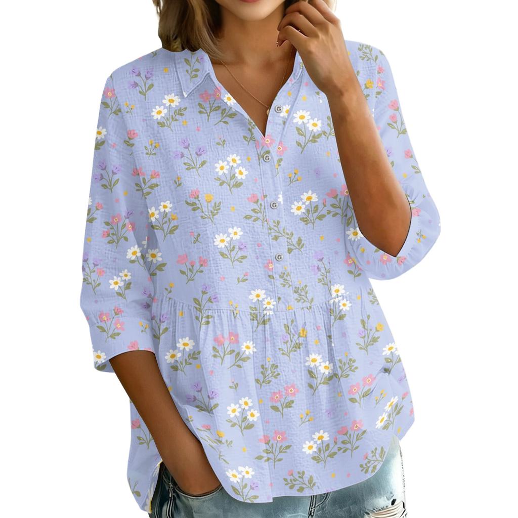 Women's Vintage Floral Print Button Down Blouse - 3/4 Sleeve Relaxed Fit Shirt with Collar, Great for Casual and Wear