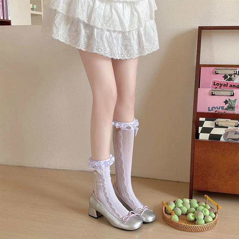 Sweet Girls Long Socks Women Stockings Hollow Out Sexy Lace Mesh Fishnet Stockings Lolita Kawaii Bow Cute Ruffle Socks Stockings
