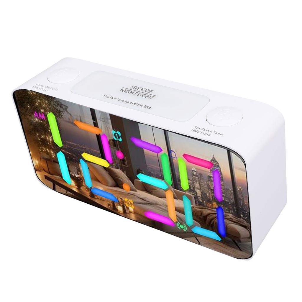 7 Inch Mirror Alarm Clock with Bed Shaker RGB Night Light 5 Levels Volume Vibrating Alarm Clock for Heavy Sleepers Seniors