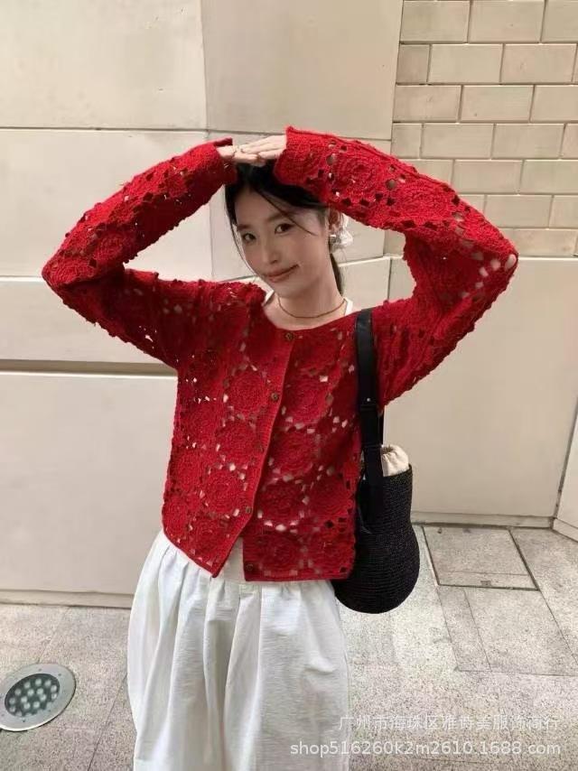 Fashion loose and thin hollow crochet knitted sweater women's new foreign style unique chic cardigan long-sleeved top