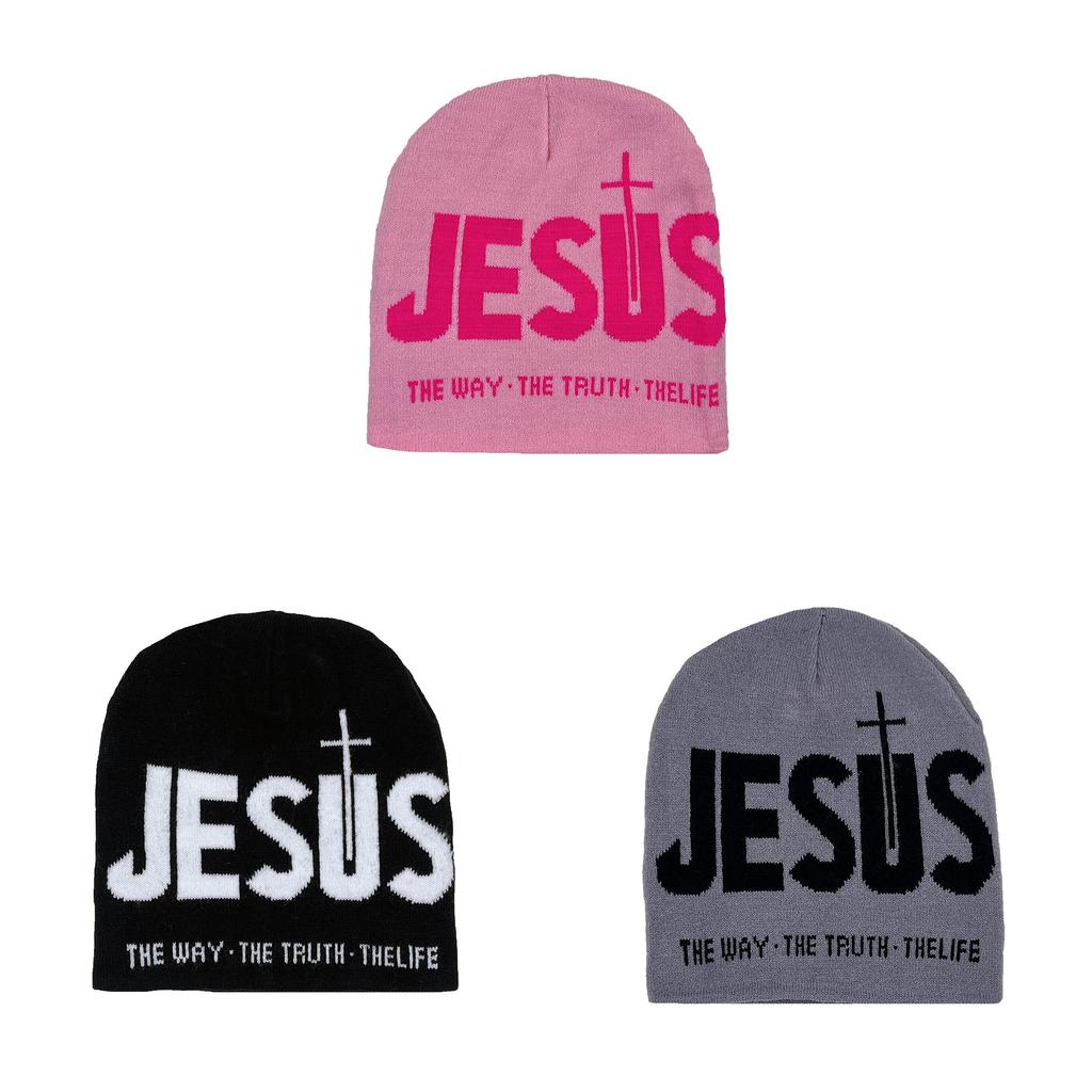 Gestrickte Mütze mit Jesus-Kreuz für atmungsaktive Wärme für Damen und Herren Herbst Winter
