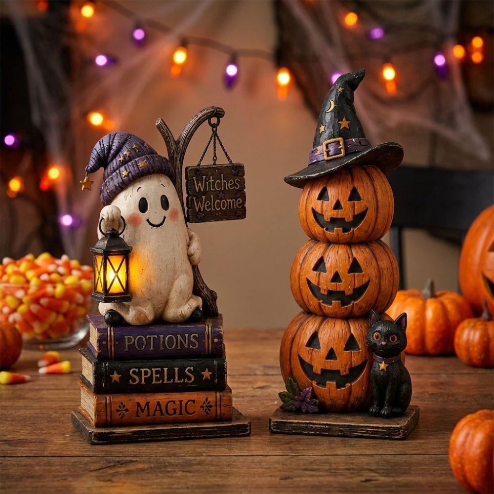 Vintage Halloween Pumpkin Ghost Figurine 2D Flat Stacked Pumpkin Cart Ornament  Holiday Party