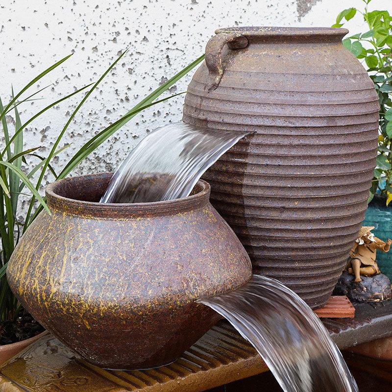 Terracotta Waterfall Jar: Eco-Friendly Fish Tank & Pond Filter Set with Ceramic Circulating Water Feature for Landscaping.