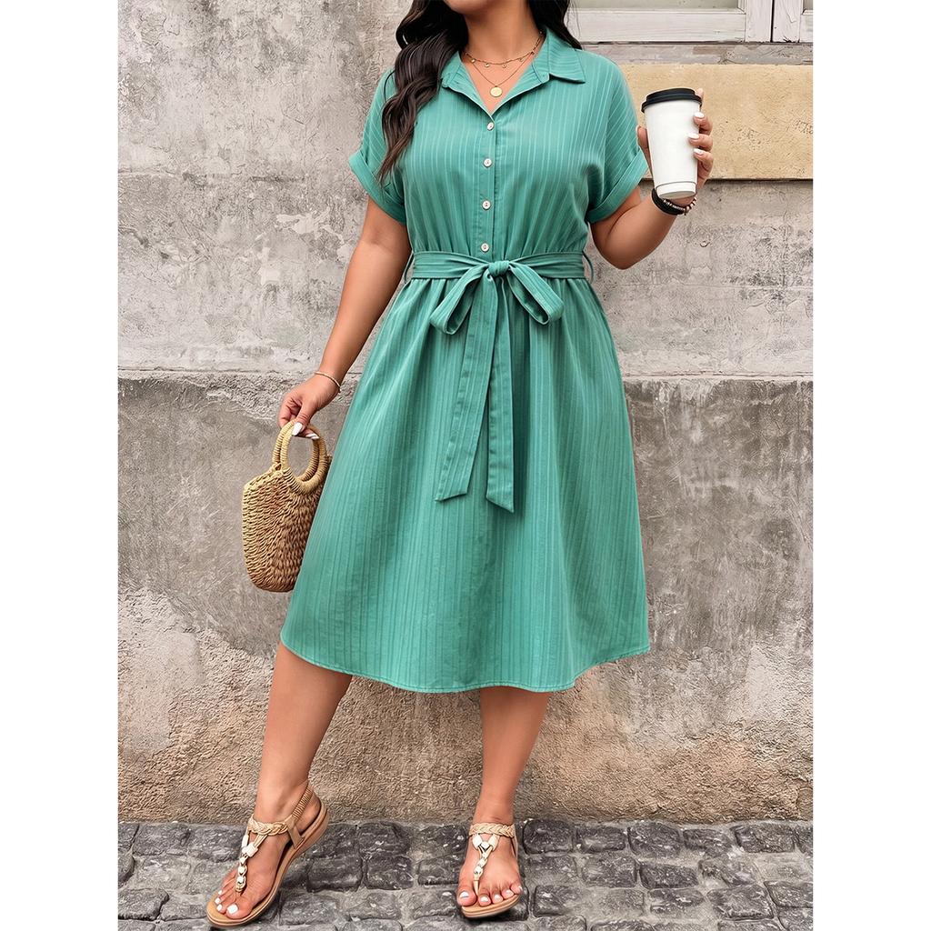 Plus Size Women Dress Elegant Lapel Shirt Dress Tie Waist Slim Fit Midi Dress Fashion Comfortable Versatile Dress