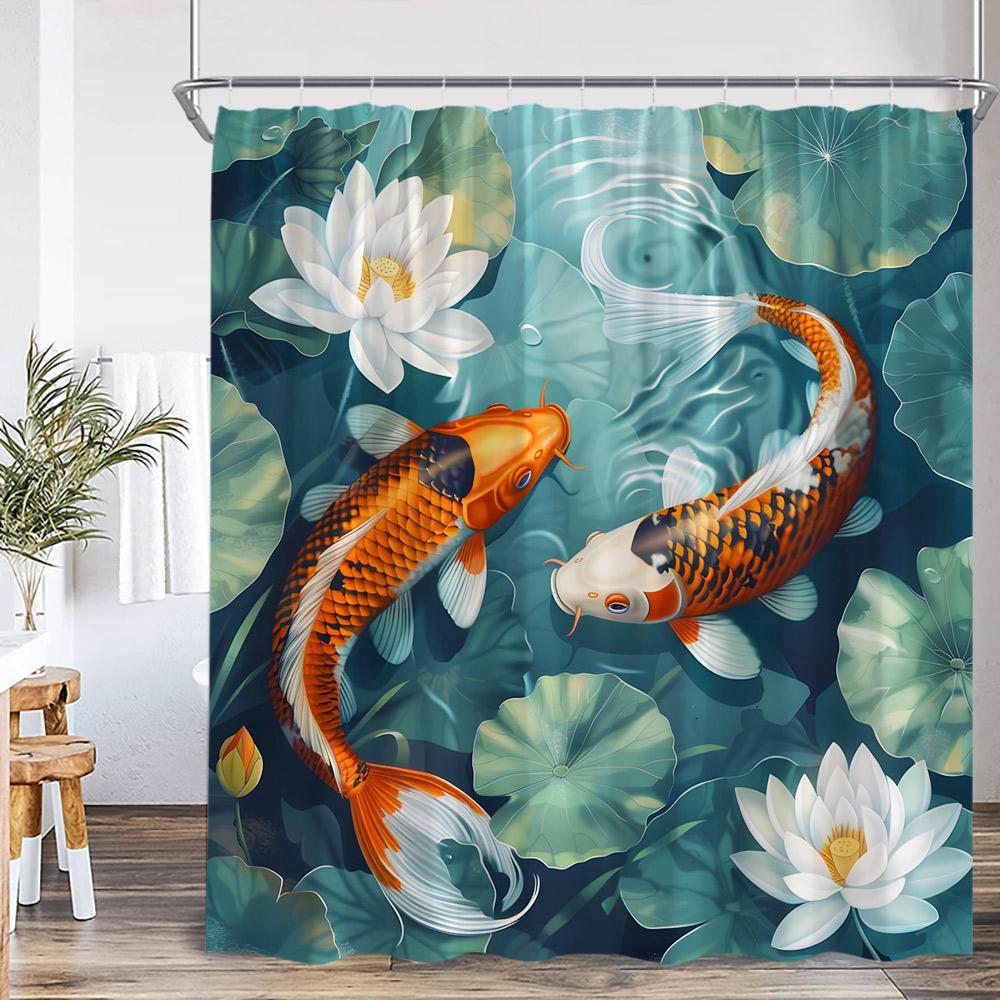Koi Japanese Shower Curtain Carp In Pond Pink Cherry Blossom Lotus Bathroom Decor Nature Polyester Bathtub Curtain With Hooks