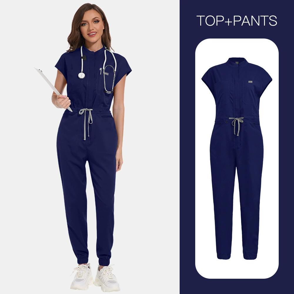 

Niaahinn Scrubs Clinical Uniform Woman Fashion Jumpsuit Elastic Breathable Work Wear Color Blocking Drawstring Straight Jumpsuit 2XL темно-синього кольору
