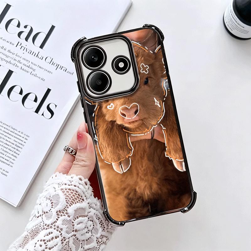 Cute Highland Cow Plating Phone Case For Xiaomi Redmi Note 14 15 Pro Plus 13 12 11 11S 11T 10 9S 9 5G Anti-Fall Airabag Cover