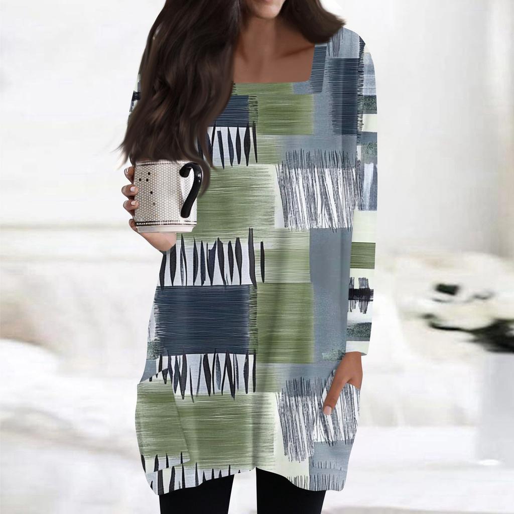 Womens Tops Square Collar Long Sleeve Blouses Casual Mid-length Shirts Fashion Print Tunic Tops With Pockets